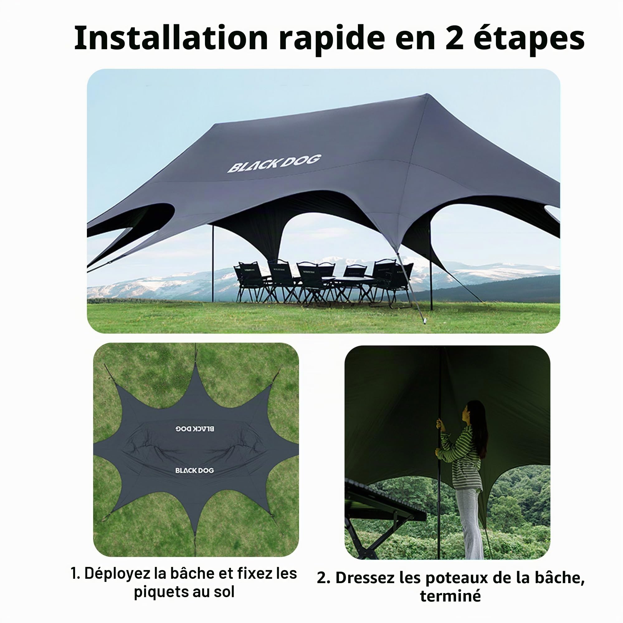 Blackdog 26/60 m² Tente de Camping, Tarp Voile d'Ombrage, Installation Rapide en 2 Étapes, Protection Solaire 360° Journée Complète, Résistance au Vent 6, Imperméabilité PU3000mm, pour Camping