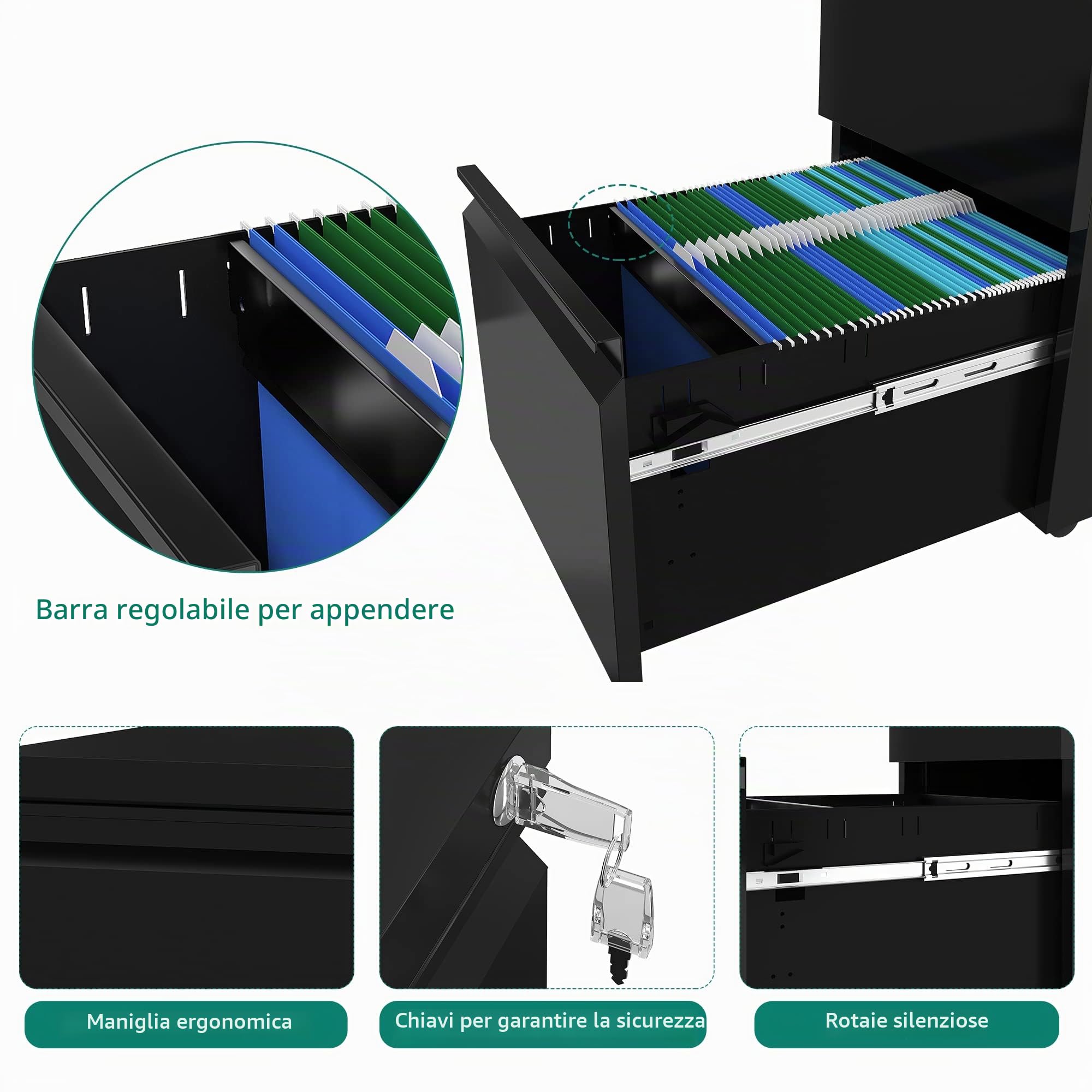 YITAHOME Armadietto portadocumenti completamente assemblato con serratura a 3 cassetti per lettere/legale/A4, per ufficio e casa mobile con ruota, nero, 46x39x62 cm