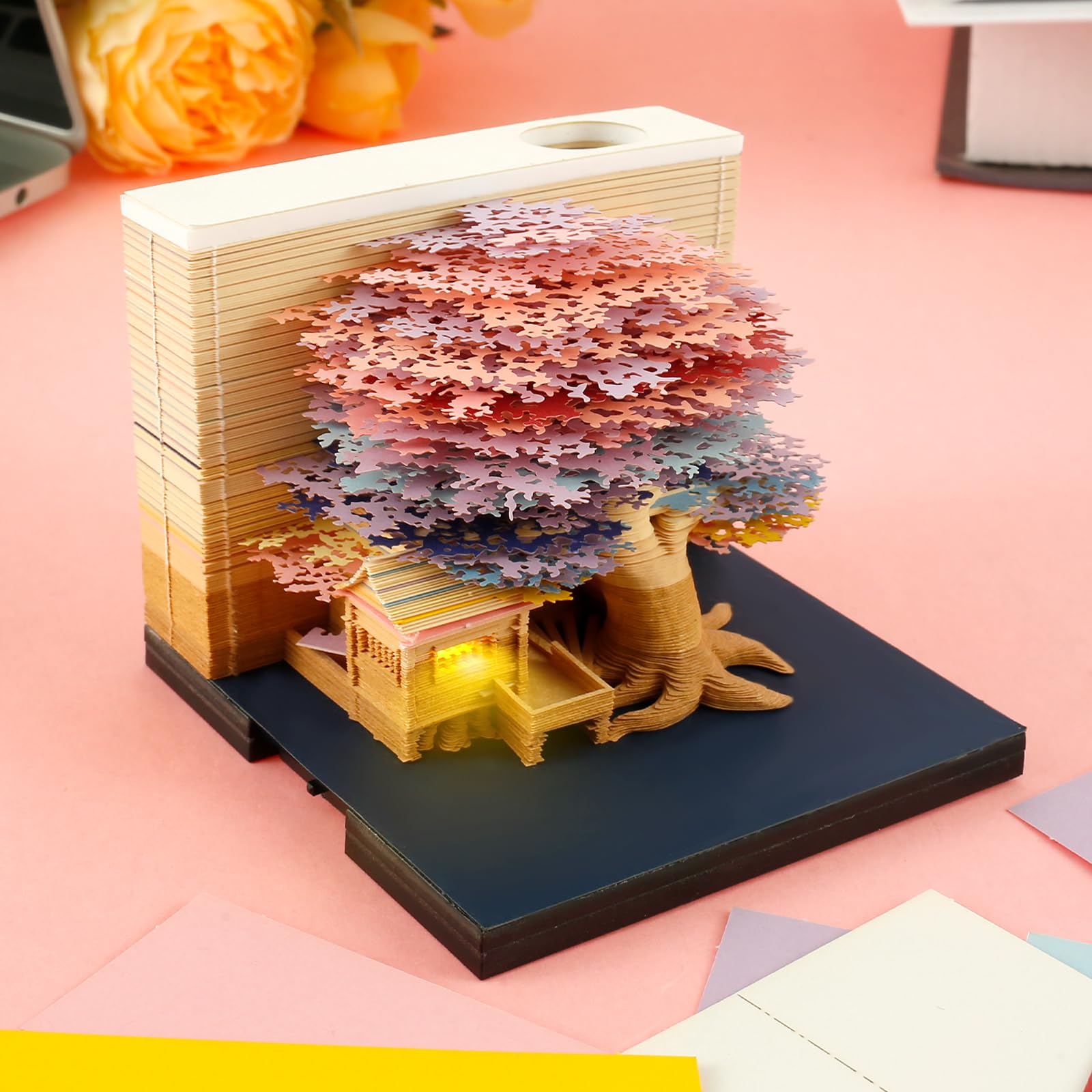 3D Calendar 2024 Memo Pad Paper Art Calendar with Lights Creative Desk Calendar DIY Paper Carving Art Craft Day-to-Day 3D Notepad Paper Carving Ornament Gift for School Home (pink 2)