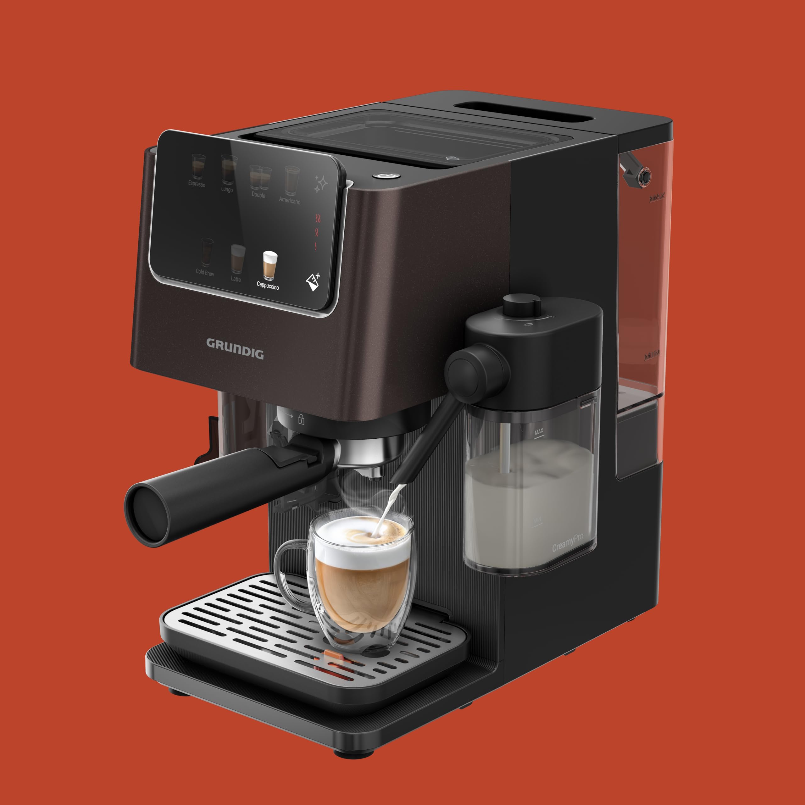 Grundig KSM 8530 Siebträgermaschine, 7 Kaffeespezialitäten inkl. Cold Brew, 1688 W, 20 bar, Edelstahlmahlwerk, Milchbehälter, Touch-Display, für Bohnen, Pulver & Kapseln, Schwarz/Braun