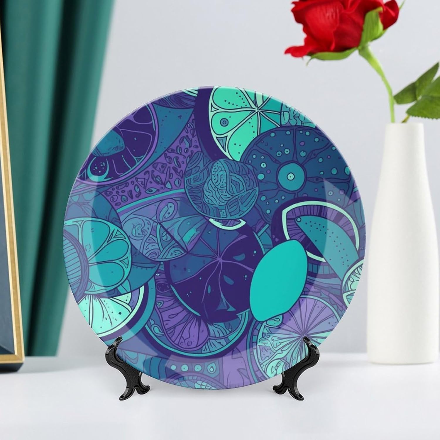 Blue Teal Lemon Ceramic Plate 10inch Decorative Bone China Wall Hanging Ornament Plates Bohemian Style Dinner Plate with Display Stand Cabinet Display Plates for Home Art Decor