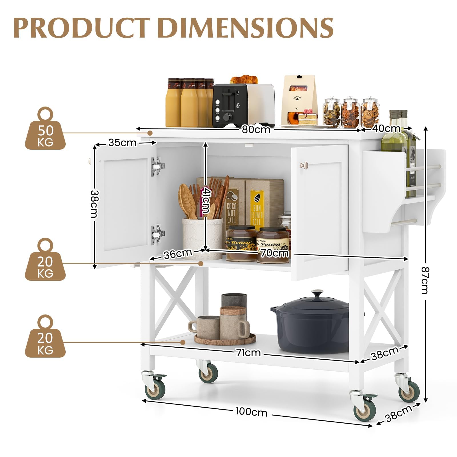 GYMAX Carrello da Cucina con Ruote, Isola da Cucina a 3 Ripiani con Armadietto a 2 Porte, Portaspezie e Portasciugamani, Credenza Portavivande in Legno per Cucina, Bar, 100 x 38 x 87 cm, Bianco
