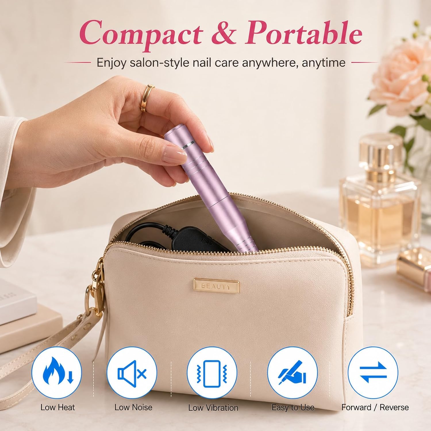 Electric Nail Drill for Acrylic and Gel Nails, 20000 RPM Portable E File Machine, Low Vibration Quiet Nail Drill Machine with 11 Bits and Sanding Bands, USB Powered for Manicure Pedicure, Pink