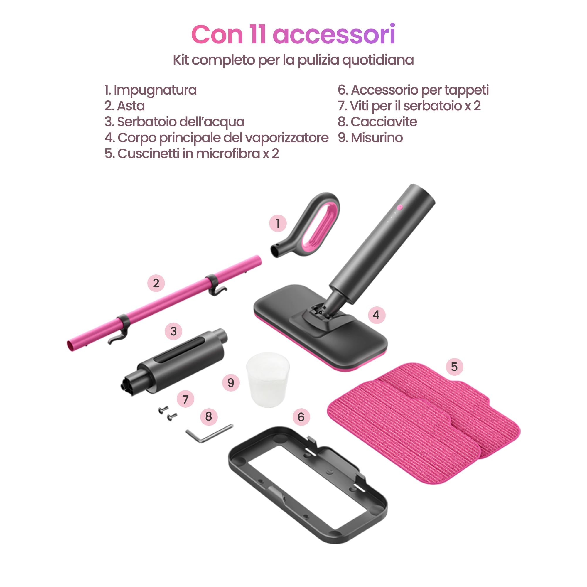 Schenley scopa a vapore – pronta in 10 s, pulizia senza chimici per pavimenti duri, piastrelle e laminato, panni lavabili, 3 livelli vapore per tappeti, autoportante