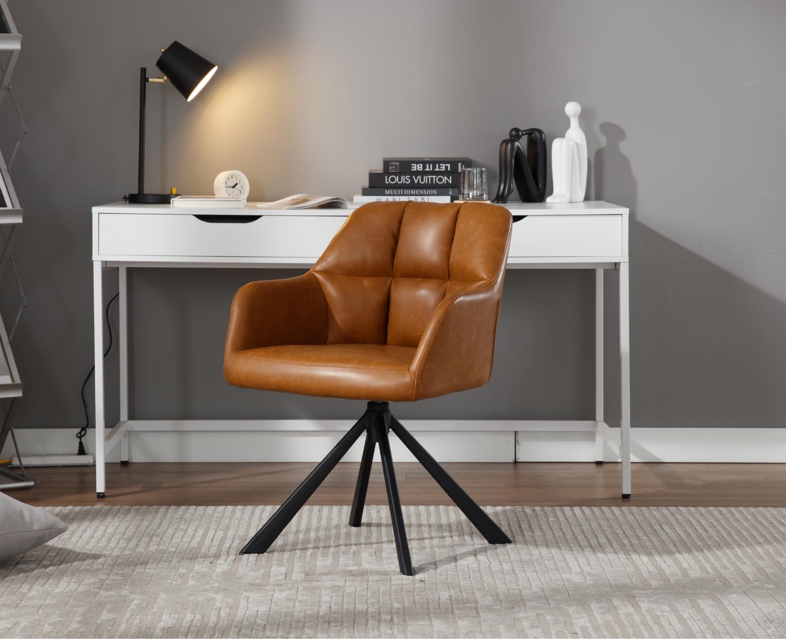 chairus Schreibtischstuhl PU Leder Bürostuhl 360° Drehbar Schreibtischstuhl Sessel für Arbeitszimmer Drehstuhl ohne Rollen (Braun(Metallbeine)) | PU-Leder, feste Höhe, 360° drehbar, bequeme Rückenlehne, mit Armen, stabile Metallbeine, für Bürozimmer, Arbe