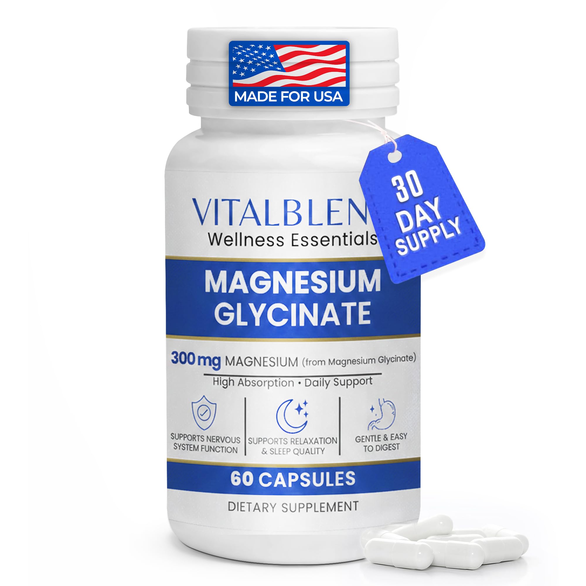 Magnesium Glycinate 300mg Capsules – Chelated Magnesium Supplement for Sleep, Relaxation & Muscle Function Support – Gentle on Stomach, Non-GMO, Lab Tested, 60 Capsules