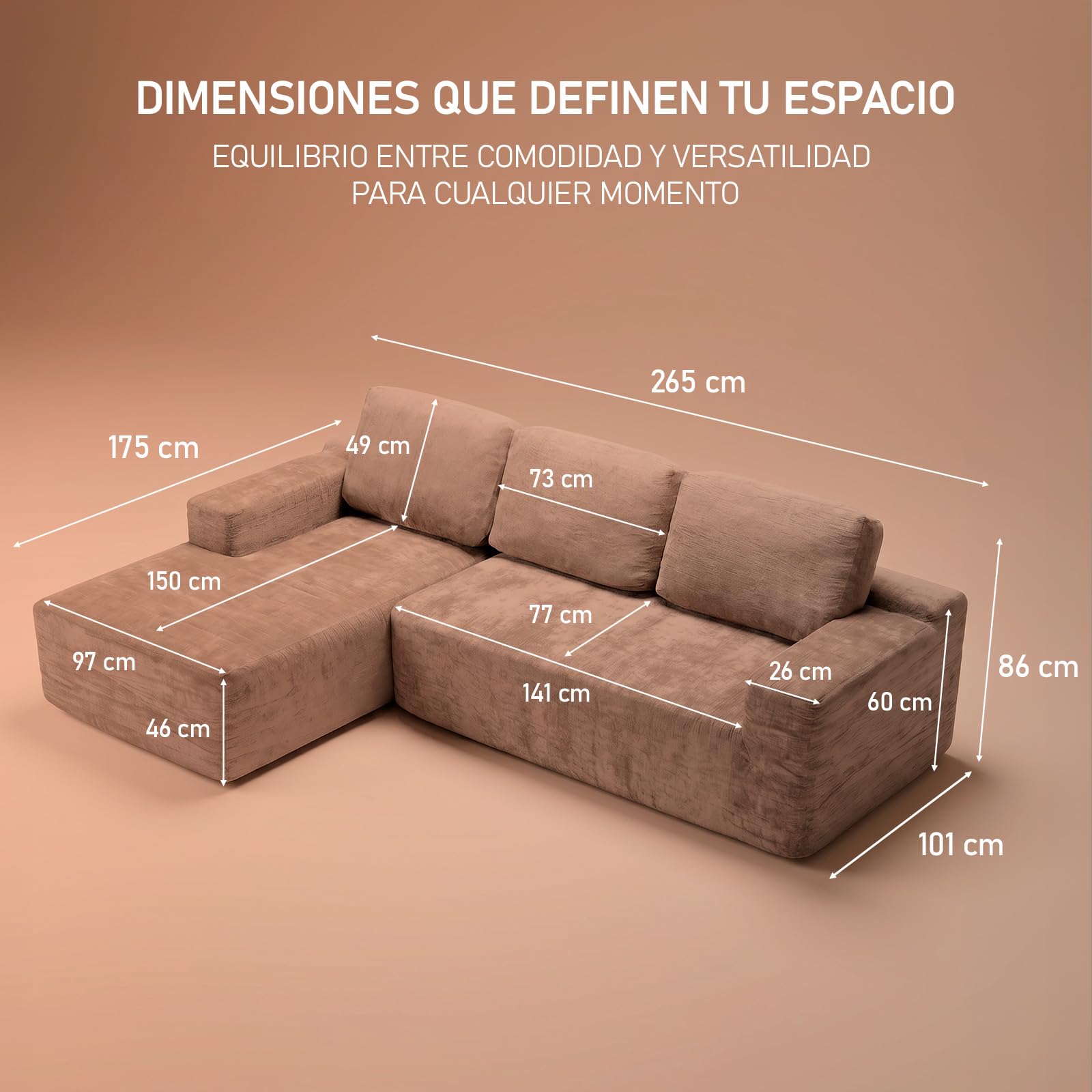 amuéblate online - Sofá Chaise Longue Zafiro, Orientación Izquierda | Práctico y Funcional, Envasado al Vacío, Color Gris