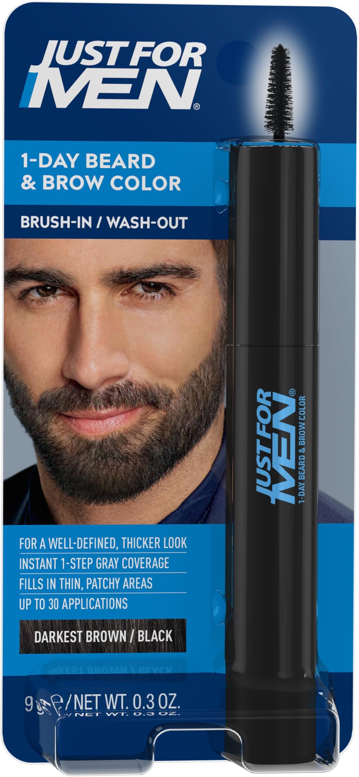 Just for Men 1-Day Beard & Brow Color, Temporary Color for Beard and Eyebrows, For a Fuller, Well-Defined Look, Up to 30 Applications, Darkest Brown/Black