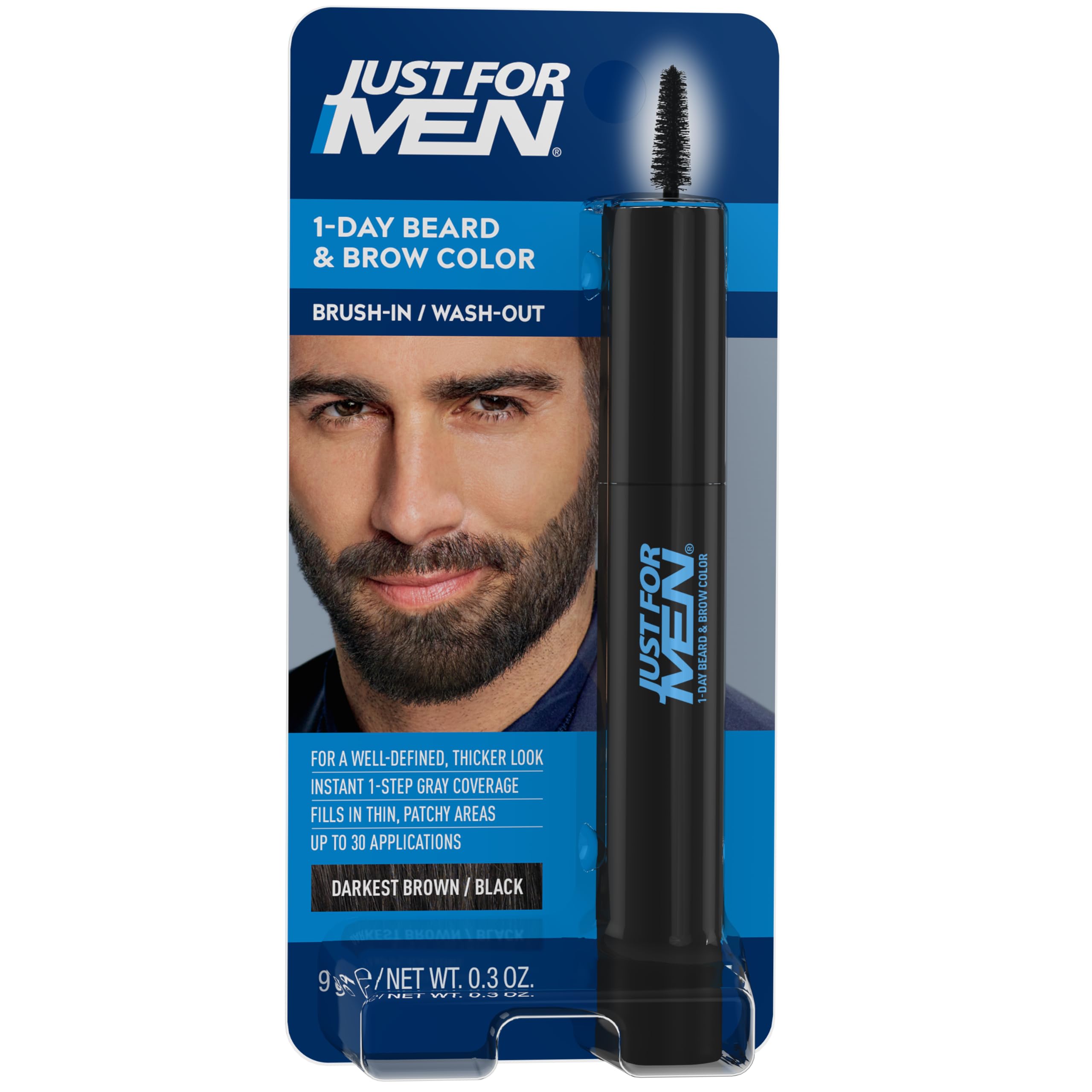 Just For Men 1-Day Beard and Brow Colour Brush, For Instant 1-Step Grey Coverage, Brush-In, Wash-Out, For A Thicker Well-Defined Look, Dark Brown