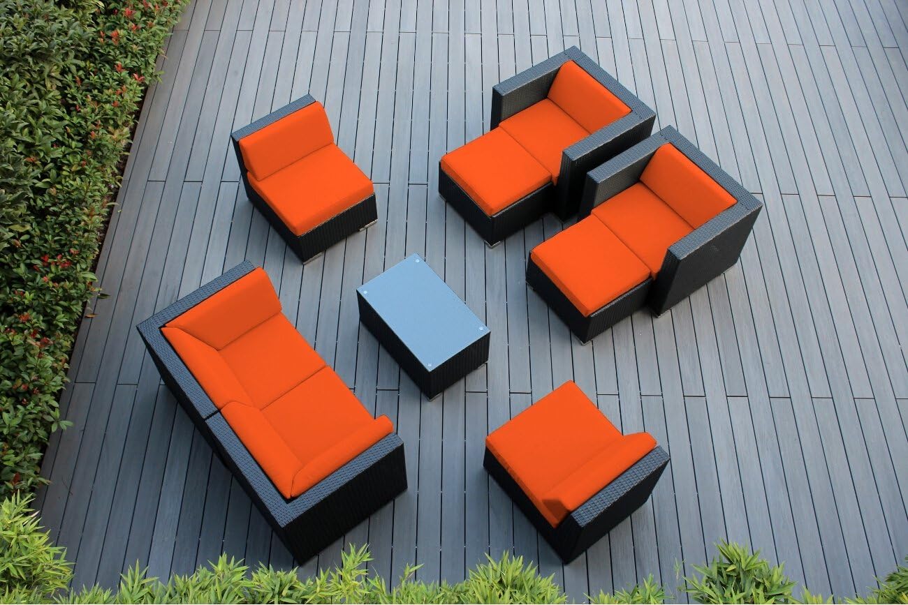 Ohana 9-Piece Outdoor Patio Furniture Sectional Conversation Set, Black Wicker with Orange Cushions - No Assembly with Free Patio Cover