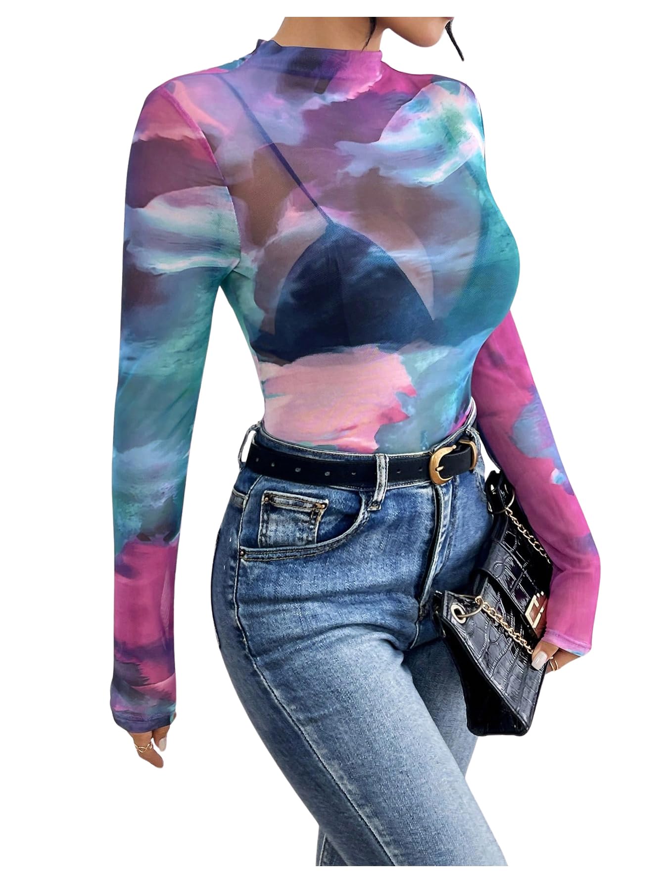 GORGLITTER Damen Mesh Oberteil Bunt Durchsichtig Batik Netzshirt Langarm Party Tops Herbst Outfits Langarmtop