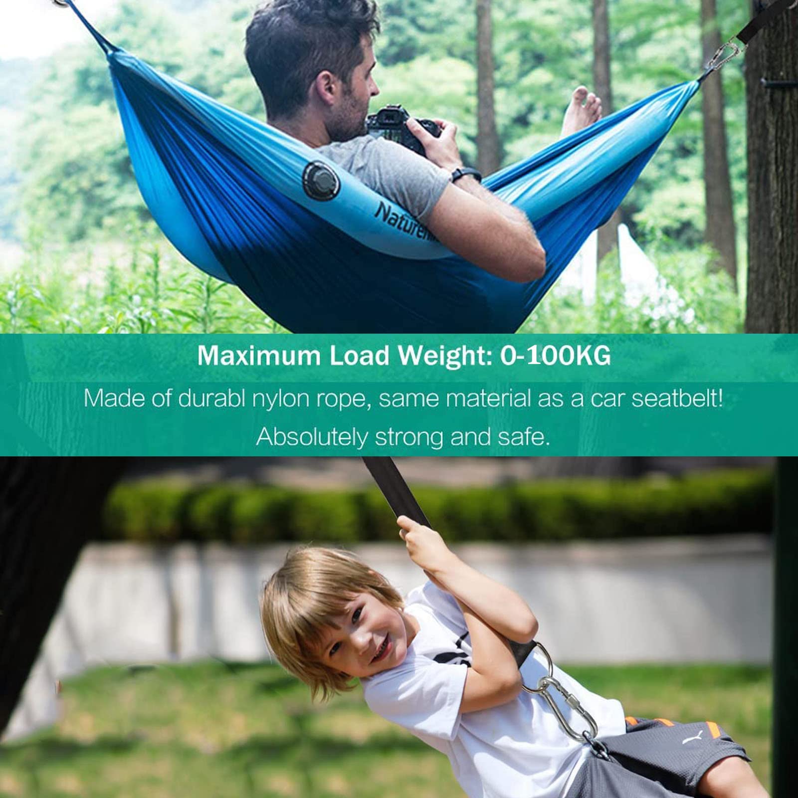 2 Cinghie Per Altalena Con Moschettoni - Portatili Per Alberi E Amache | Nero - Foto 2