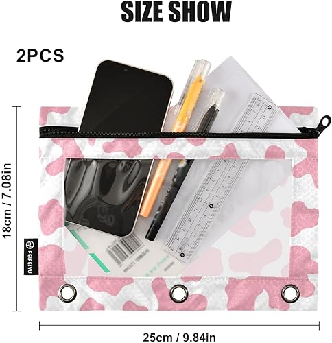 Miniatura 3 de Gredecor Estuche para lápices con 3 anillas, diseño de vaca rosa abstracta, con cremallera, 2 unidades, organizador de carpetas transparentes