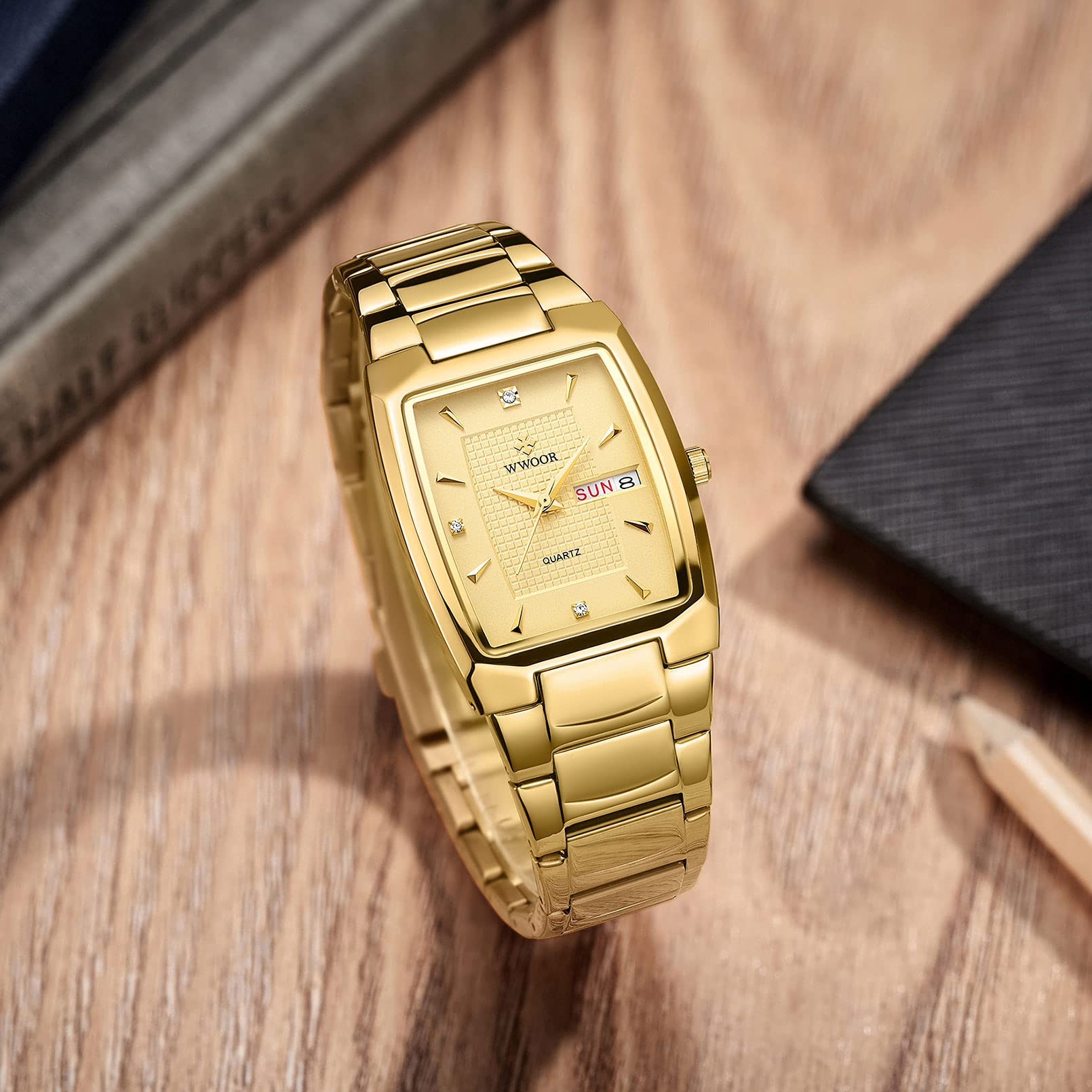 WWOOR Orologio quadrato da uomo, in acciaio inox, analogico, al quarzo, cronografo, con data automatica, tutto oro, cronografo, Tutto Oro, Cronografo