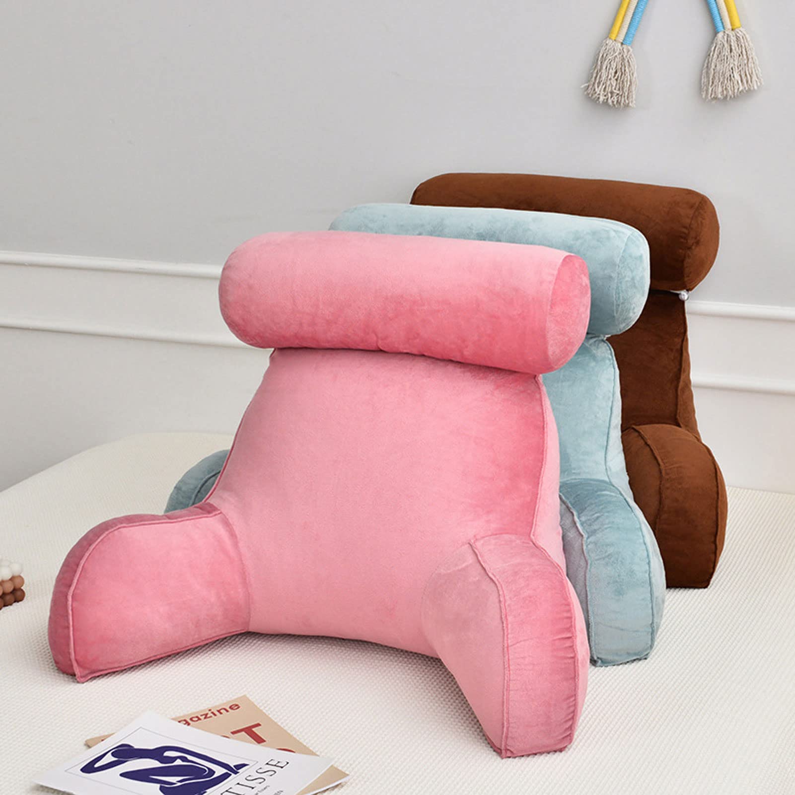 Cómoda almohada de lectura con reposabrazos y respaldo para cama, rollo de cuello desmontable, ideal para leer, relajarse, ver la televisión, apoyo definitivo para descansar.