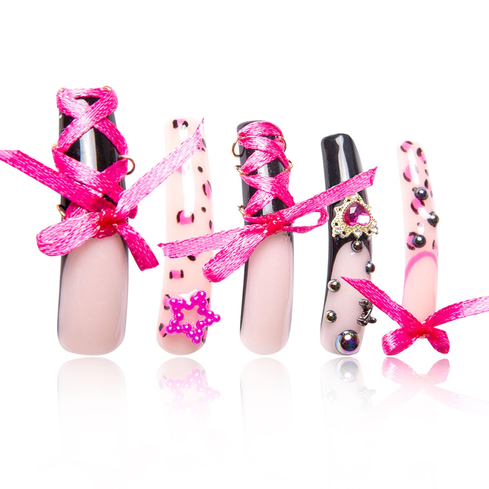 LOVFUL Press on Nails the Sweet Guardian | Handmade with Full Covered Crystals | Reusable Fake Nails | Curve Long 2.2 in | H173-M
