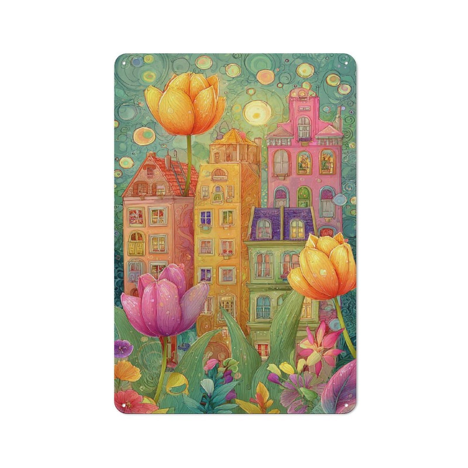 Junmoney Colorful Cityscape With Tulips Retro Metal Wall Sign 30X20cm Featuring For Hallway Wall, For Garage, Workshop And Man Cave Decoration