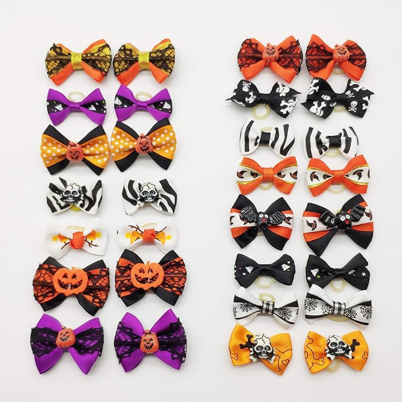 Laços para pelos de cães com caveiras e strass Hixixi para Halloween, 24 unidades
