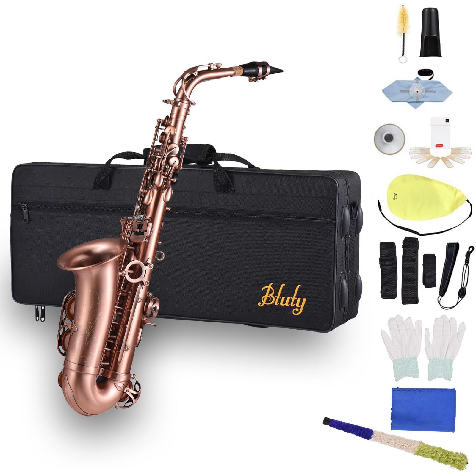 Saxophone alto E-Flat Red Bronze, F#, incrustations clés coquille d'ormeau, coussinets cuir résistant eau, livré étui, gants, chiffon nettoyage, sangles, brosse