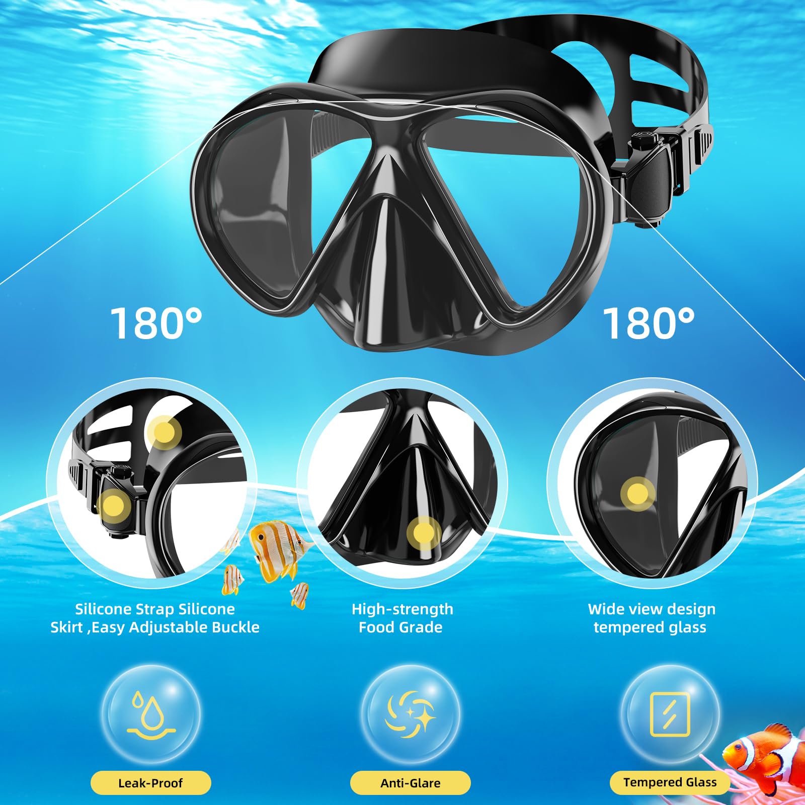 Set di boccaglio,Set per Snorkeling e Immersioni, Maschera Subacquea + Pinne + Tubo Respiratore + Sacca da Trasporto, Unisex Kit Maschera Nuoto per Adulti Adolescenti