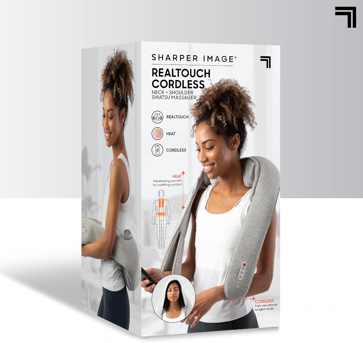 Diagram illustrating the approximate dimensions of the Sharper Image Realtouch Cordless Neck and Shoulder Shiatsu Massager, showing a length of 21 inches and a height of 15.5 inches.