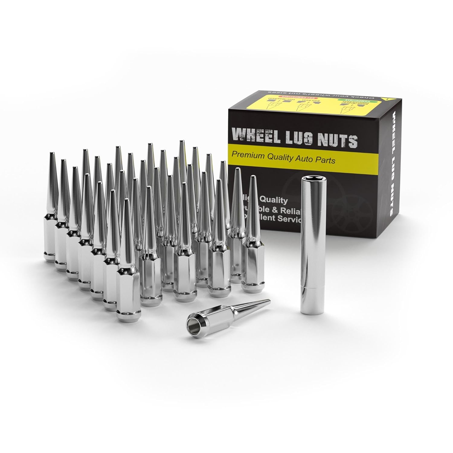 9/16-18 Spike Wheel Lug Nut, 32pcs 9/16x18 Spiked Lug Nut for 1994-2011 Ram 1500 2500 3500/1988-1998 F250 F350, 8 Lug Chrome Conical Bulge Seat with 1 Socket Key Aftermarket Wheels
