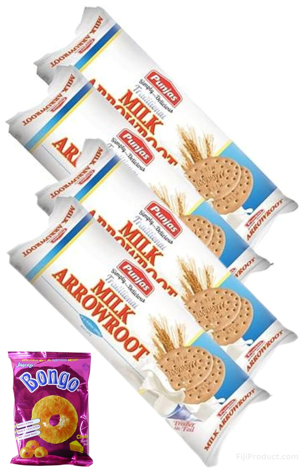 Milk Arrowroot Biscuits (Deal Pack Of 4 x 250g EA) A Family Favorite Classic Punjas Tea Biscuits + BONUS CHEESE BONGO PUFF SNACK 28G ...