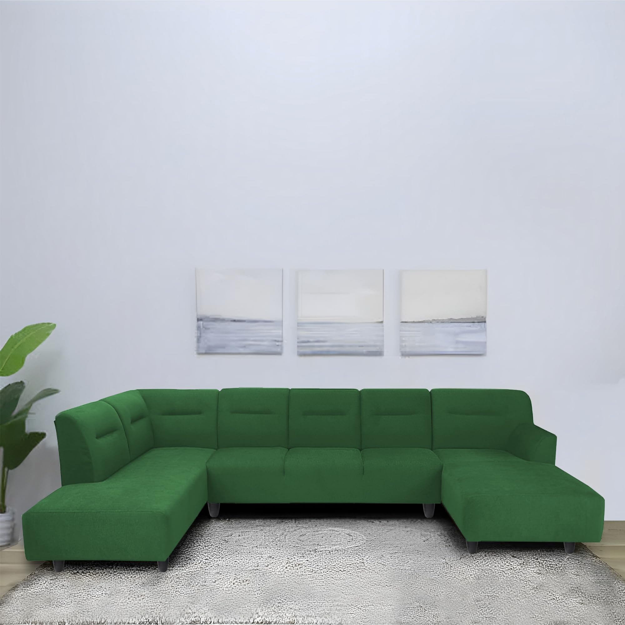 CASALIVING - Ragno 8 Seater U Shape Sofa Set for Living Room (Green Fabric) Premium Fabric Sofa