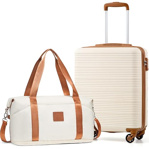COOLIFE Cabin Suitcase, Ryanair Cabin Bags 55x40x20 and Easyjet Underseat Bag 45x36x20-30L, Hand Luggage with 4 Wheels, Telescopic Handle & TSA Lock | Lightweight Carry On Suitcase - 55×40×20cm -Set 2pcs - White/Brown