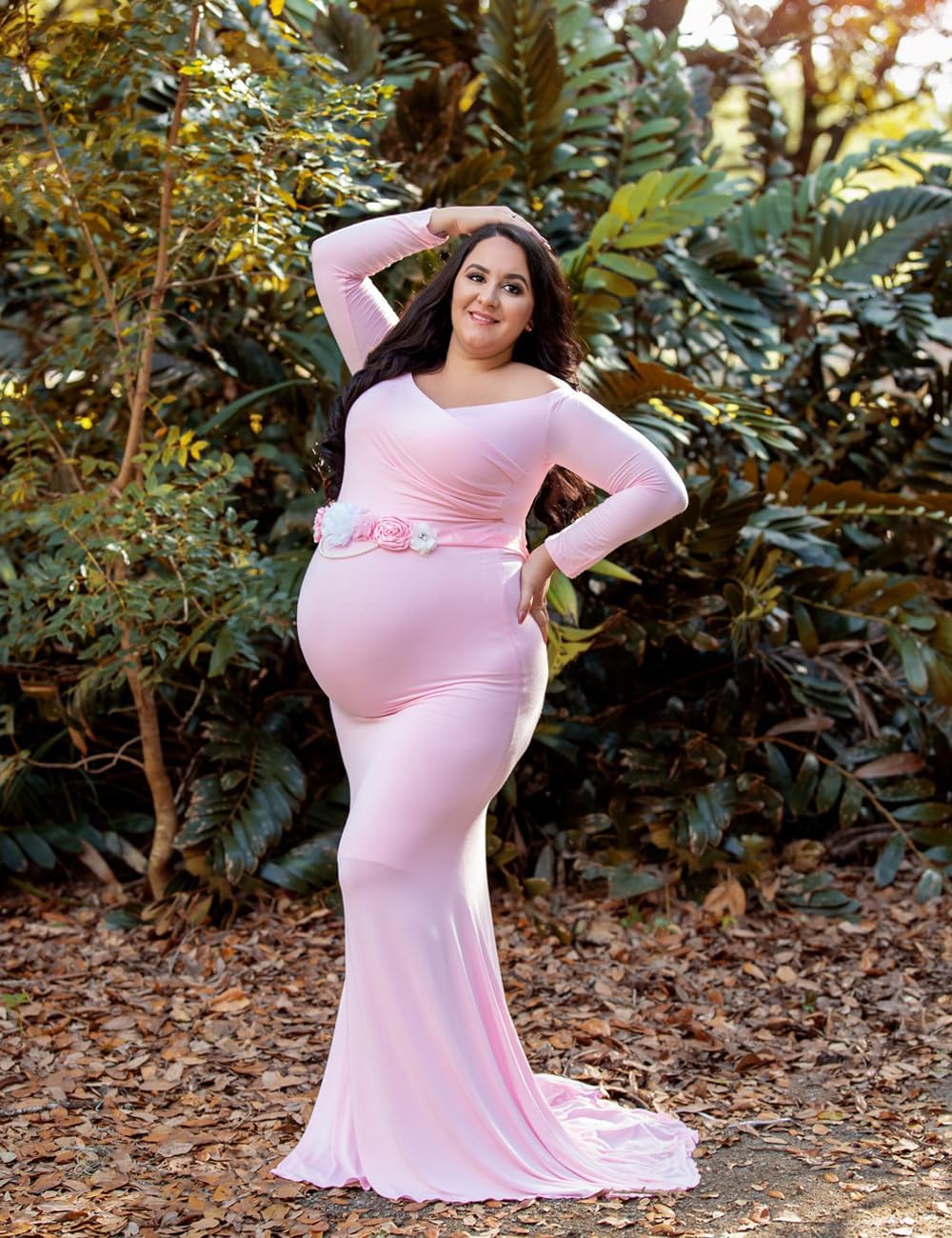 JustVH Maternity Elegant Fitted Maternity Gown Long Sleeve Cross-Front V Neck Slim Fit Maxi Photography Dress for Photoshoot