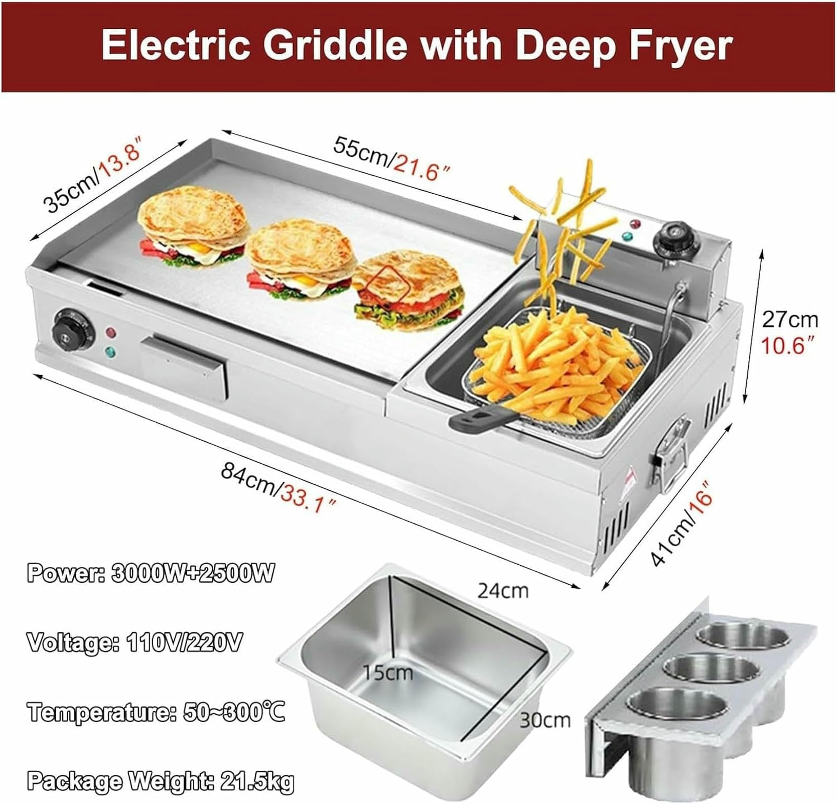 Komercyjna elektryczna patelnia grillowa, frytkownica, płaski grill z półką na przyprawy, do restauracji