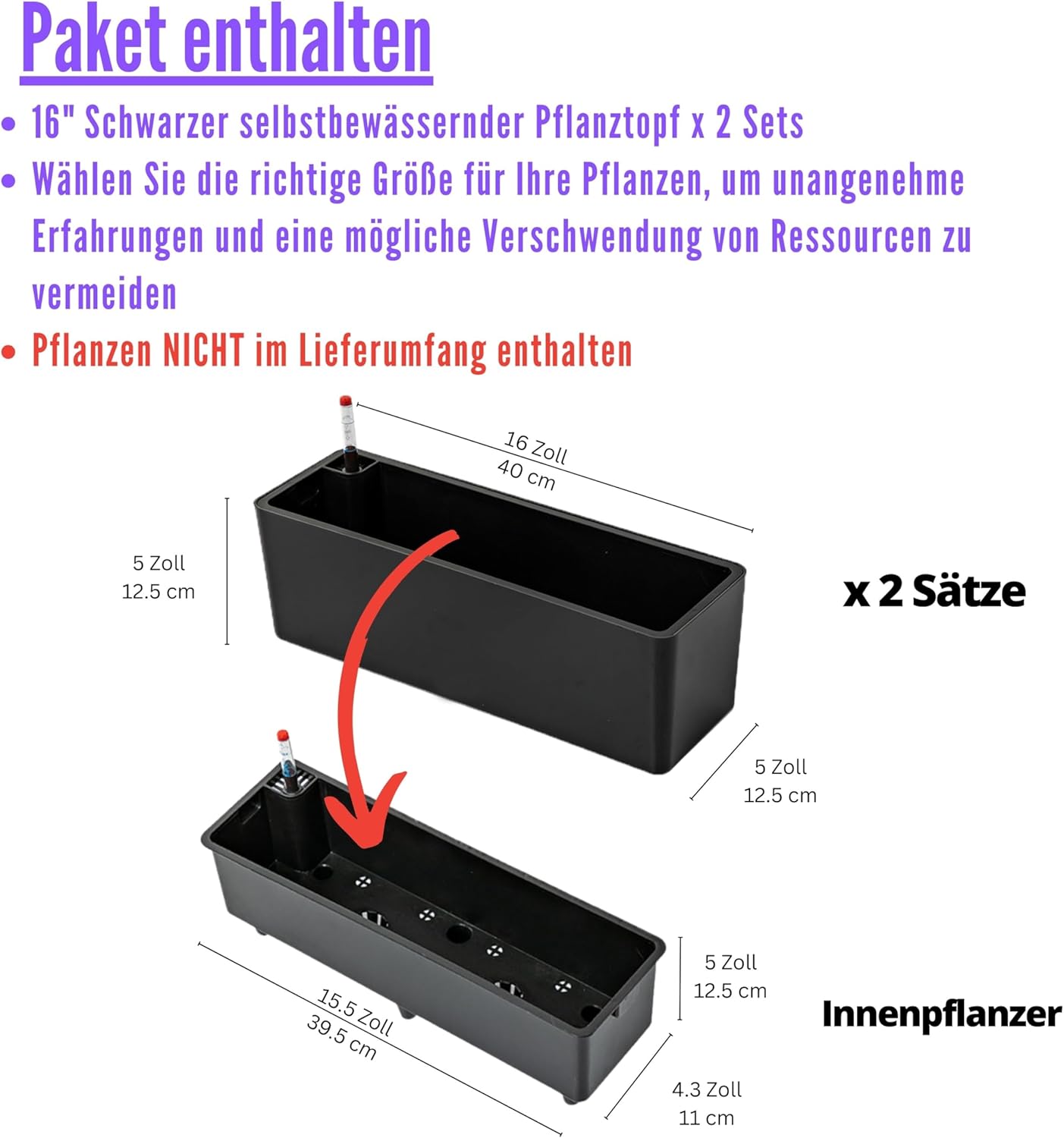 LaLaGreen Planter Box for Indoor Plants (16 Inch, 2 Pack) Black Rectangular Self Watering Flower Pot, Large Window Boxes Planters with Drainage Decorative Modern Balcony Windowsill Herbs Home Garden