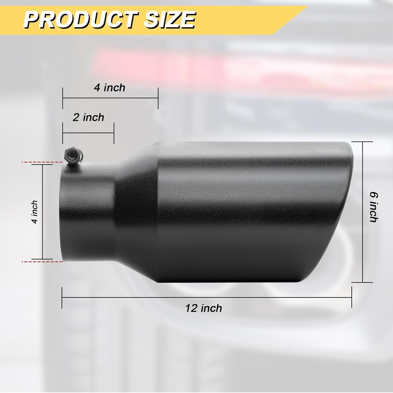 Vurkcy 4 inch Inlet Exhaust Tip, 6" Outlet 12" Overall Length Stainless Steel Exhaust Tail Pipe, Bolt-On, Rolled Edge, Slant Sleek Angle Cut, Polished Tailpipe, Black