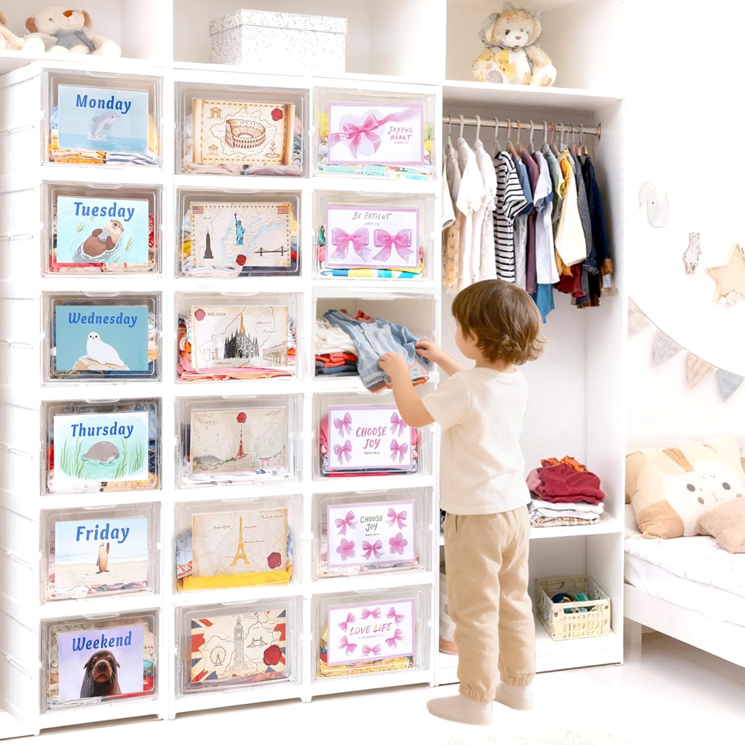 6-Tier Daily Weekly Clothes Organizer(with 18 Labels),Foldable Plastic Shoe Storage,Closet Organizers and Storage for Daily Essentials,for Bedroom,Living Room,Travel