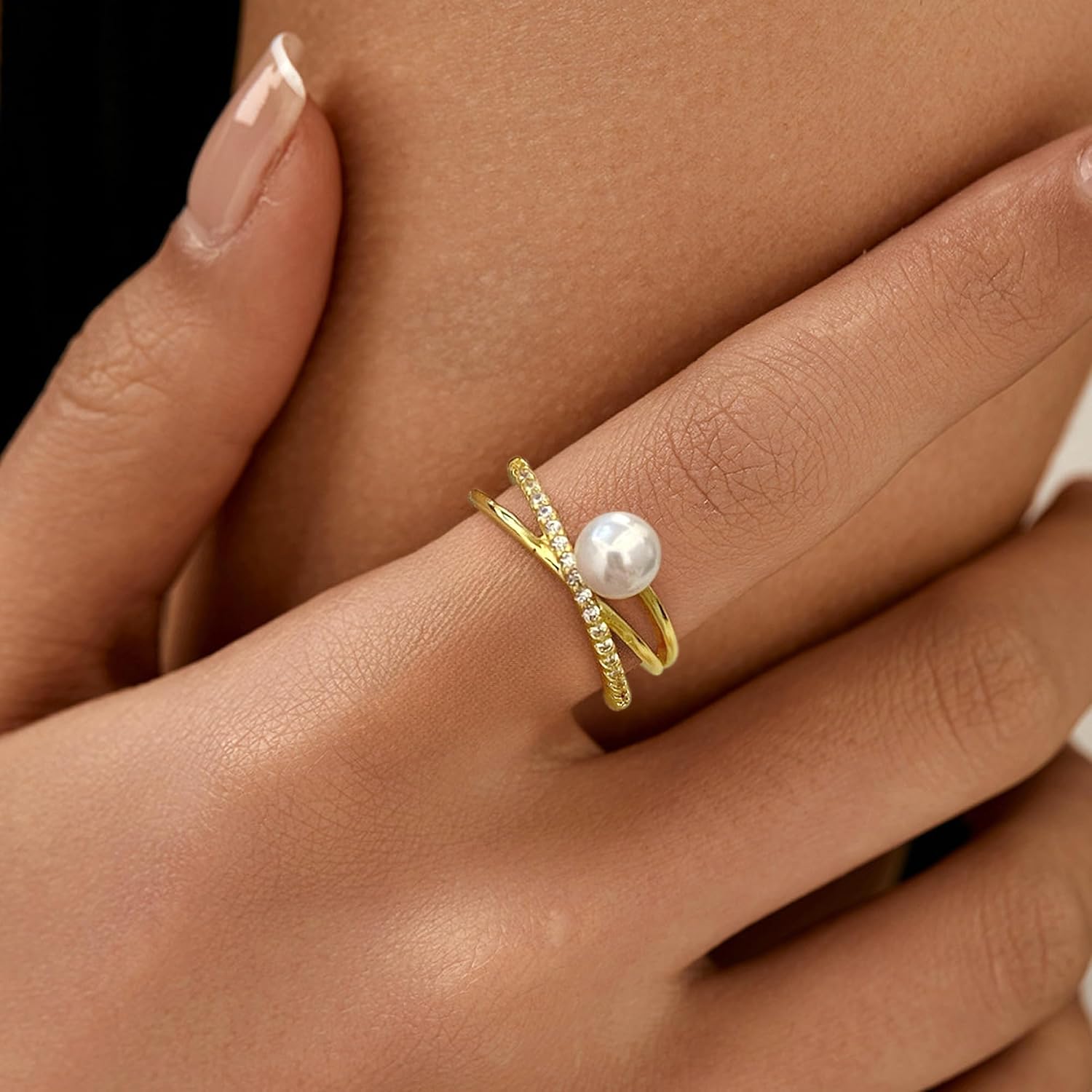 6mm Pearl Ring for Women Dainty X Criss Cross Gold Pearl Ring Stackable 925 Sterling Silver Cubic Zirconia Open Ring Promise Rings for Mom Birthday Mother's Day Easter Wedding Jewelry Gifts