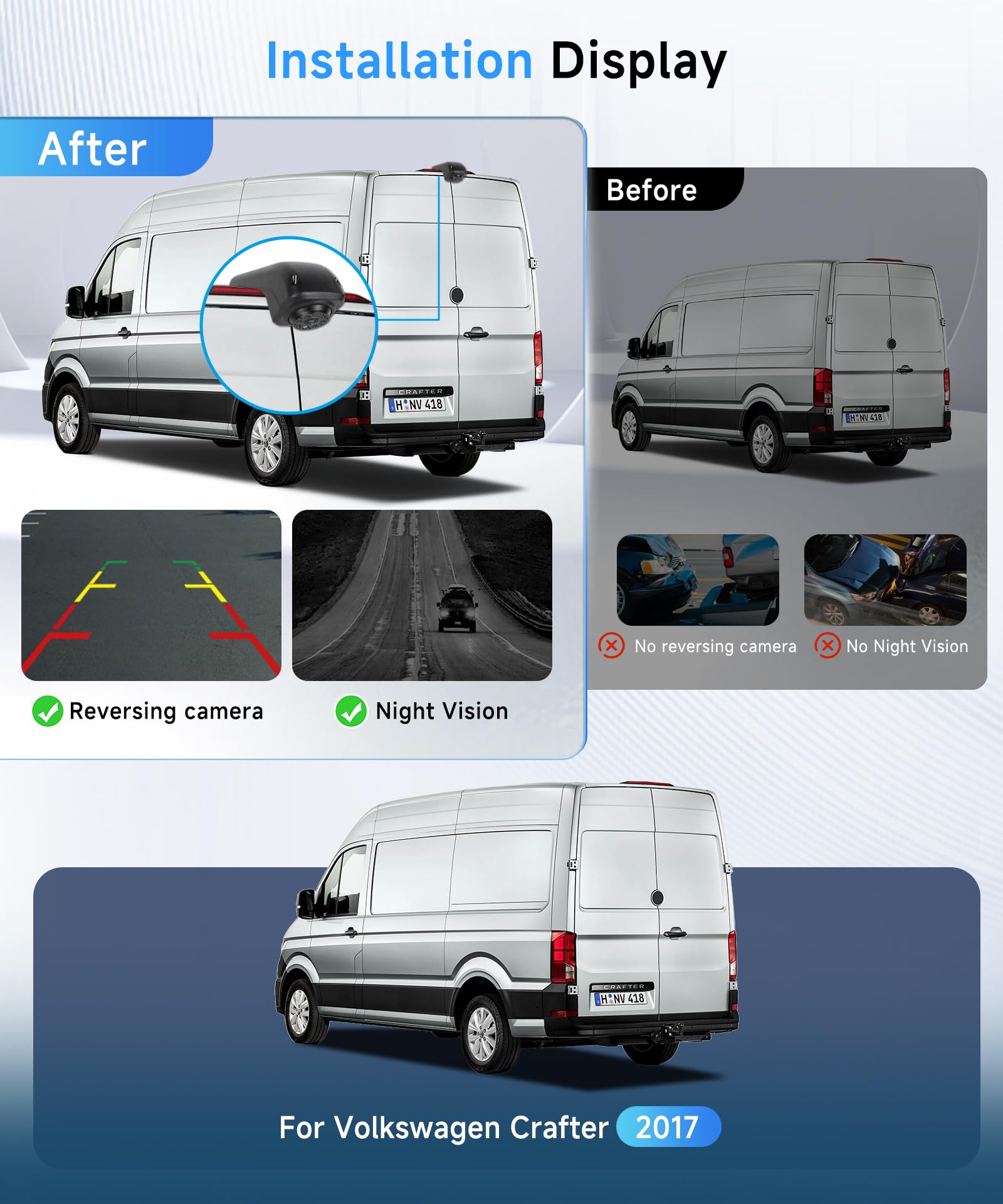Hodozzy Telecamera Posteriore per VW Crafter 2017, Telecamera per Terza Luce di Stop, Visione Notturna a IR, Impermeabile IP67, Angolo Regolabile, con Linea di Retromarcia