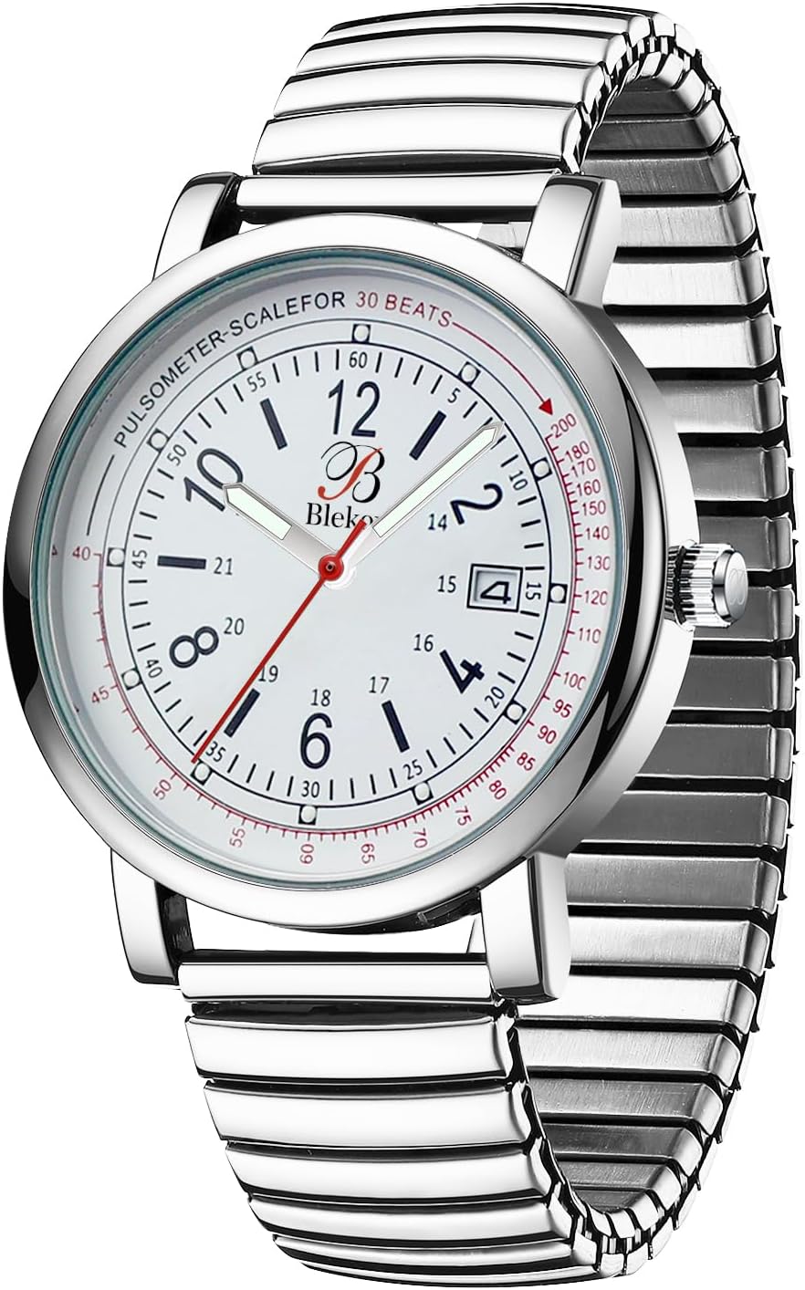 Blekon Original Nurse Watch - Multiple Color Stretch Bands, Easy Read Dial and Pulsometer, Second Hand, Water Resistant Watch