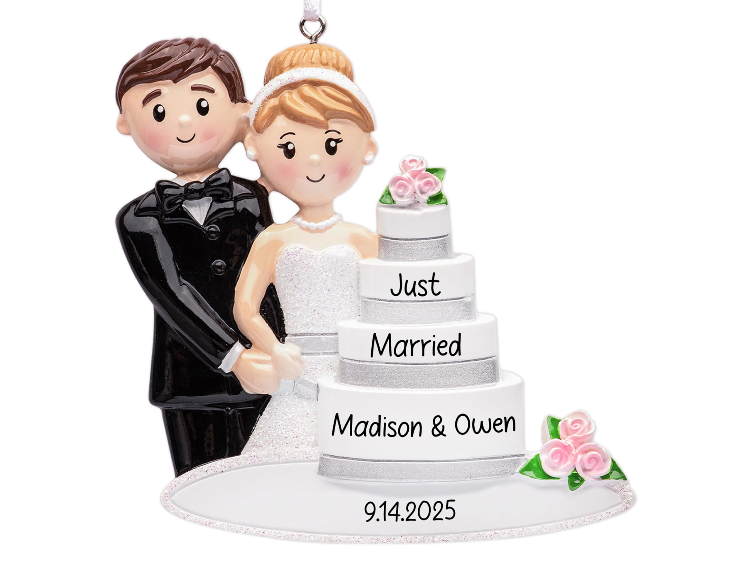 UniqXmas Personalized Our First Christmas Married Ornament 2025 | Customized Bride & Groom with Wedding Cake for Xmas Tree | Just Married Newlywed