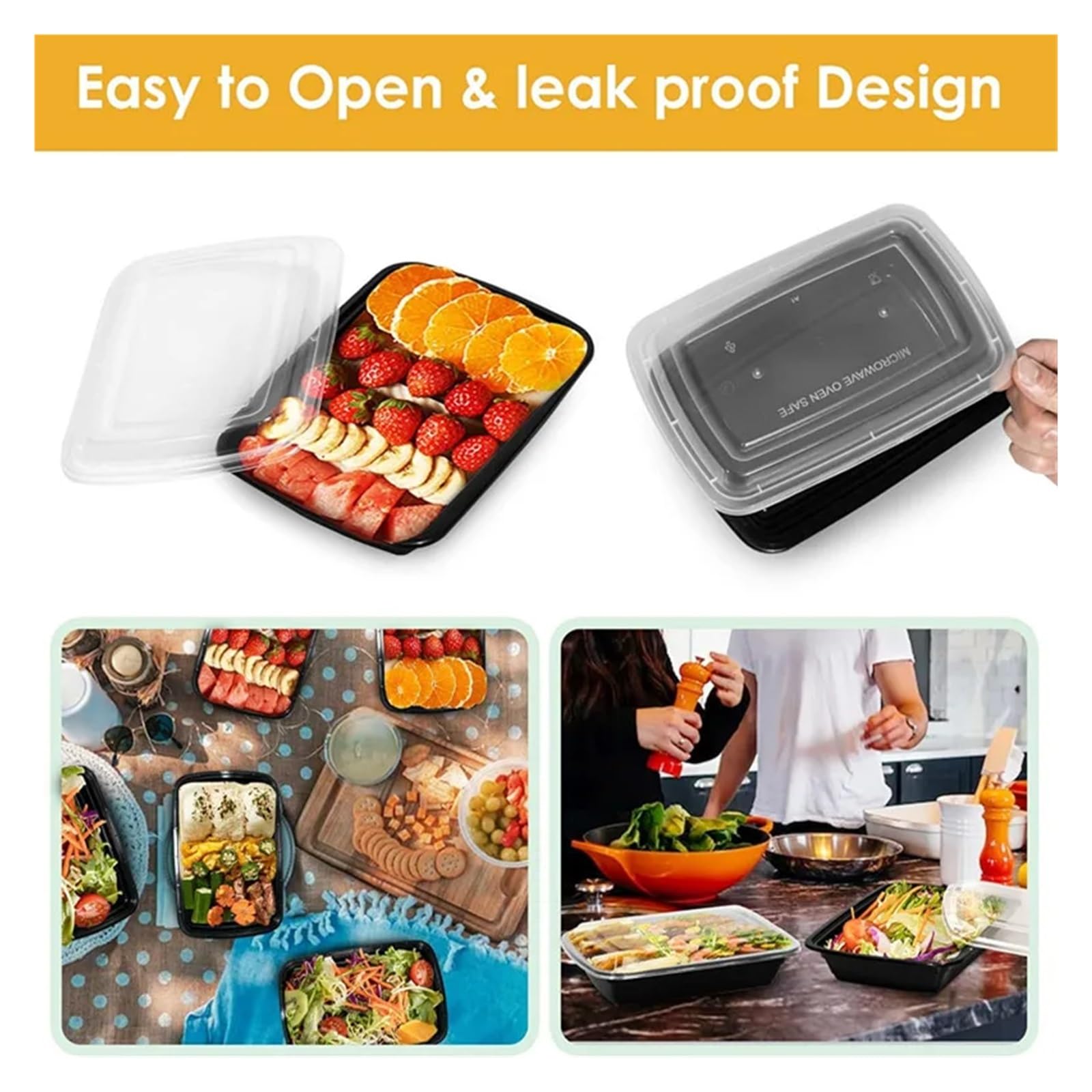 Paquete de 15 recipientes for preparar comidas, aptos for microondas, con tapas, plástico, apilables y desechables