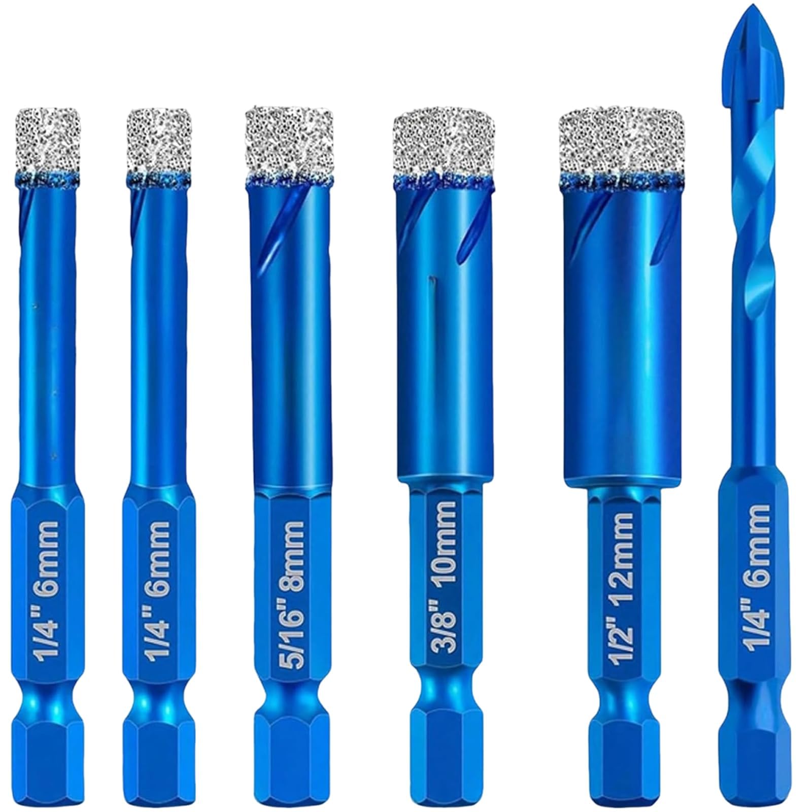 6-Piece Diamond Tipped Drill Bits Set for Porcelain Tiles, Hex Shank Design, Professional Construction Tools, Home Renovation Accessories, 6mm 8mm 10mm 12mm