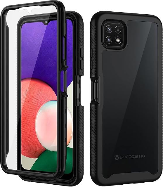 seacosmo Samsung A22 5G Case, Galaxy A22s Case [with Screen Protector] Full Body Shockproof Protection Armour Cover Slim Fit Bumper Protective Phone Case for Samsung Galaxy A22/A22s- Black/Clear