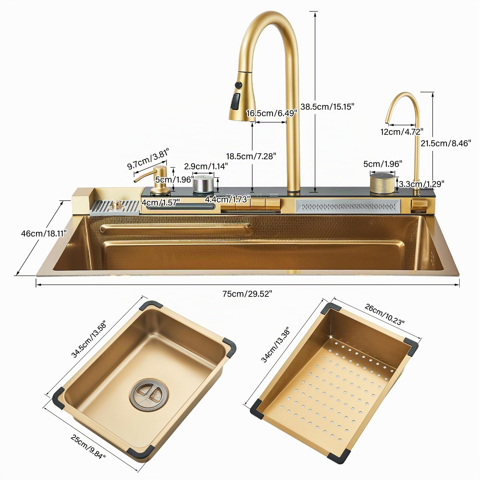 Fregadero de Cocina Multifuncional de Oro Cepillado con Grifo Extraible y Accesorios, Fregadero de Cocina de Acero Inoxidable con Pantalla Digital (75 cm X 45 cm)