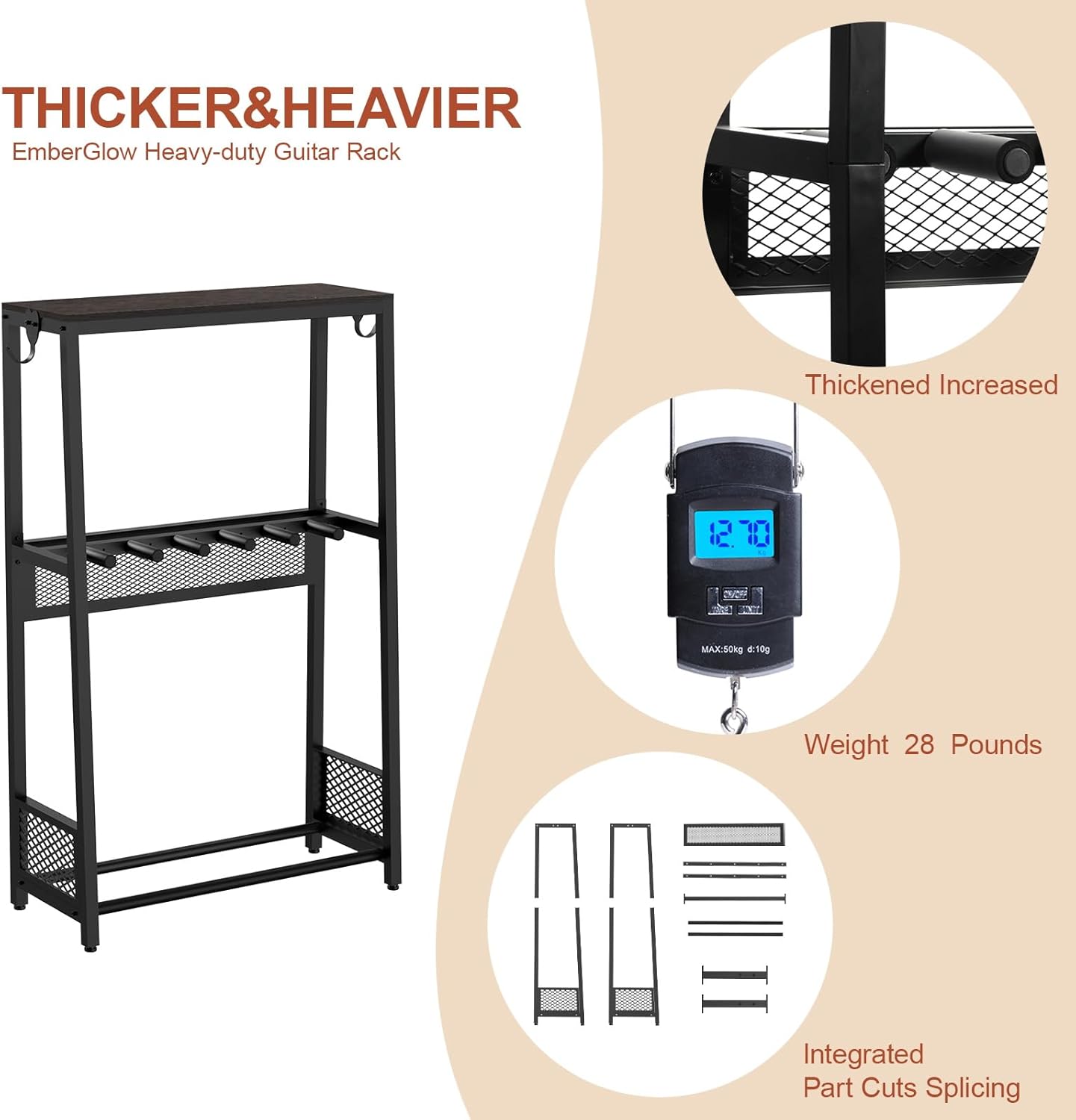 EmberGlow Multi-Guitar Stand, Reinforced & Thickened , Independent Stable Support, Patent Design Authorization,All-Around Protection for Acoustic, Electric, Bass and Ukulele (Model L, Brown Shelf)