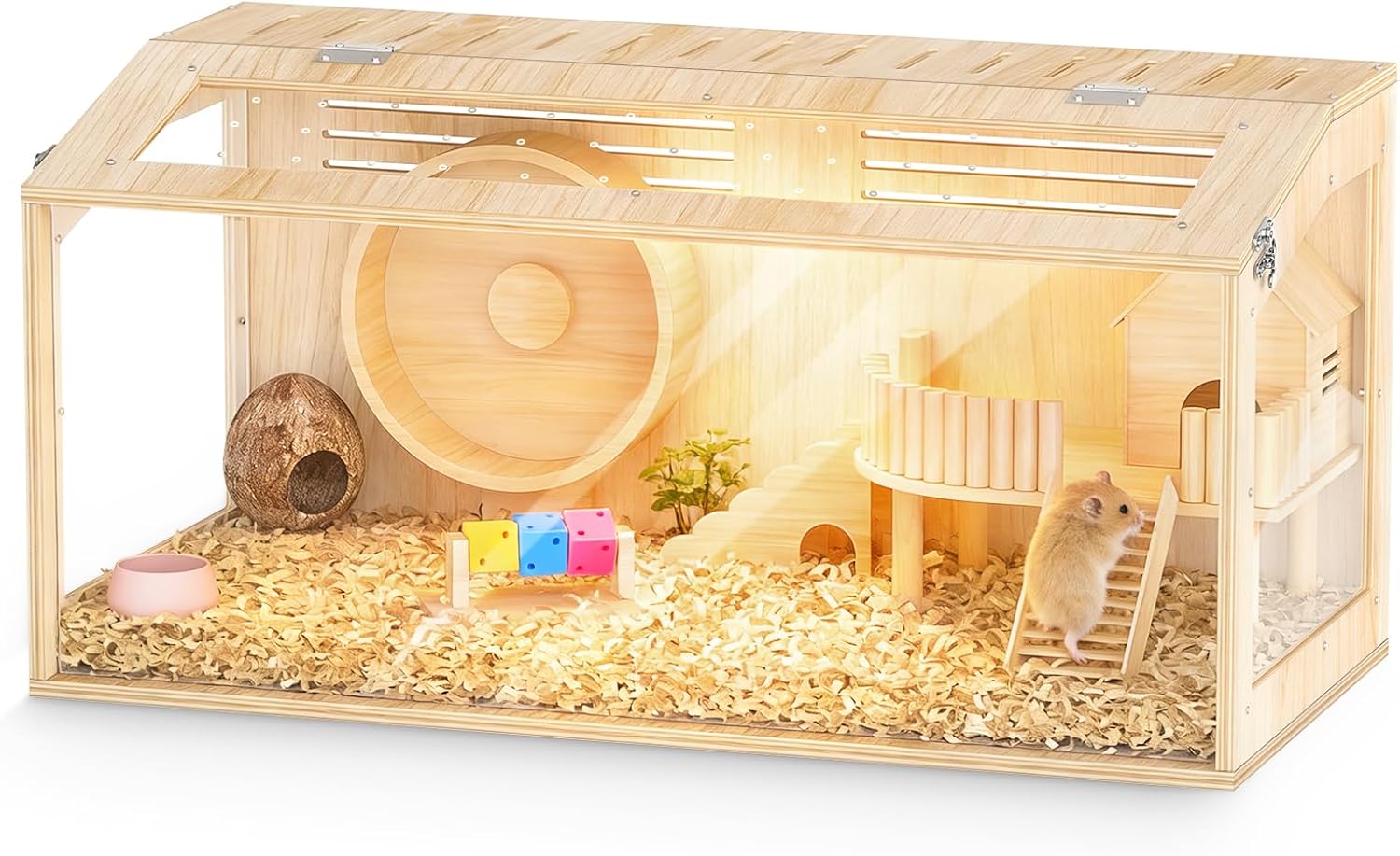 XiaZ Hamster Cage Chewproof,30 Inch Wooden Hamster Cage with Panoramic View and Ventilated Top,Durable Plywood Solid Wood Frame, Spacious Acrylic Glass Habitat for Syrian Dwarf Hamsters and Degus