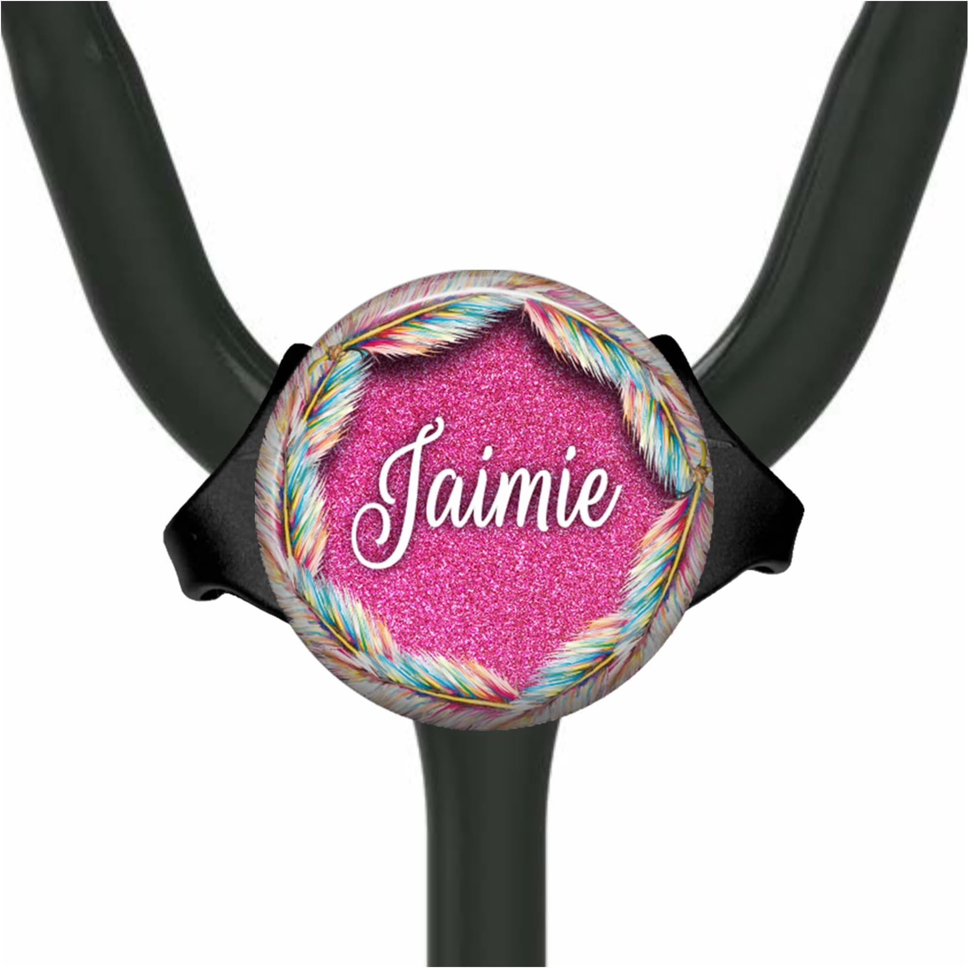 Stethoscope Name Tag Personalized - Rainbow Feather Glitter Adjustable Yoke ID Label - Hospital Nurse Accessories for Work, Doctor Graduation Gift
