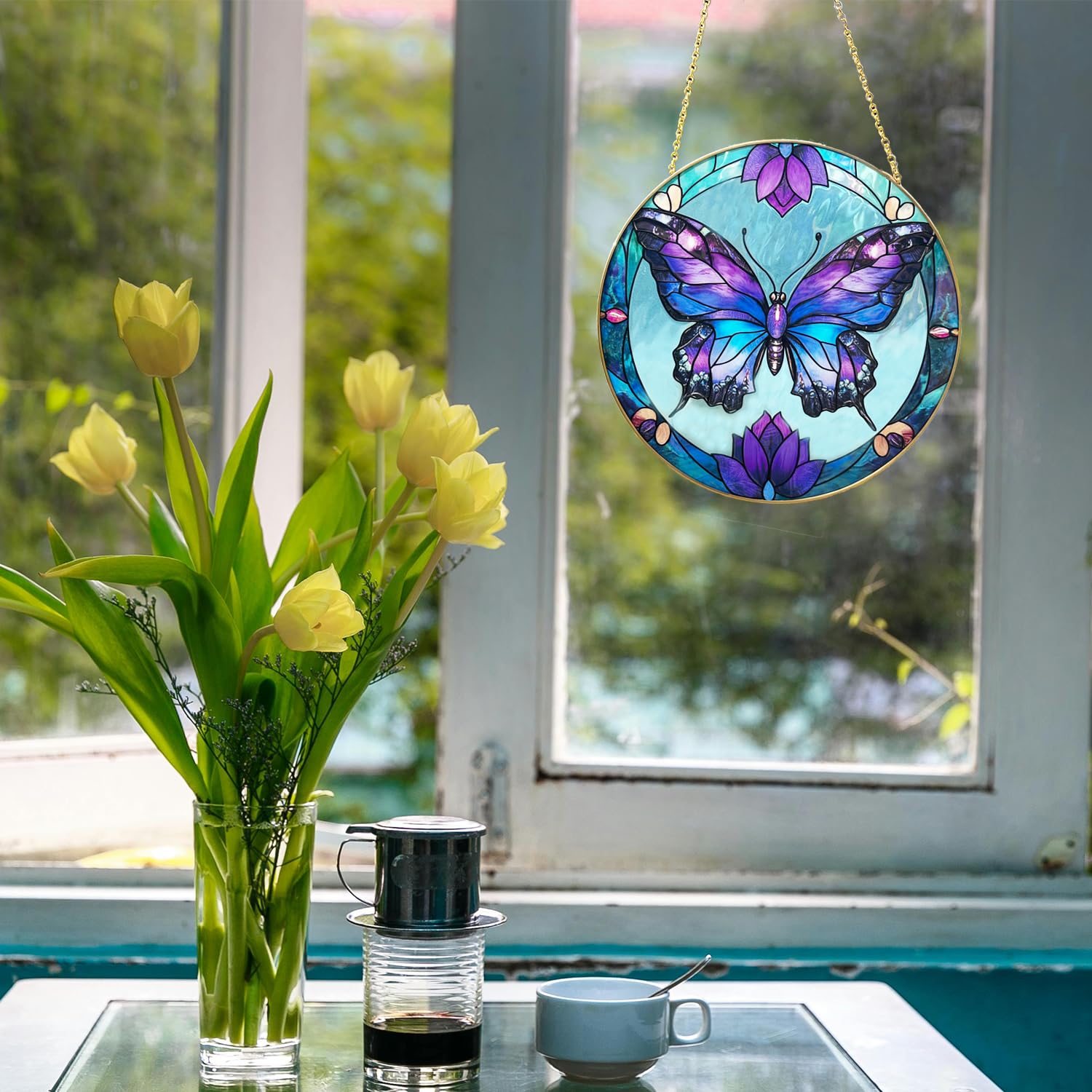 Schmetterling Buntglas Fensterbehang, 19,8 cm, handbemalt, Sonnenfänger, Glasscheibe, Wandkunst, Dekor mit Kette, Schmetterlings-Geschenke für Frauen, Mutter, Oma, Außen- und Innenbereich