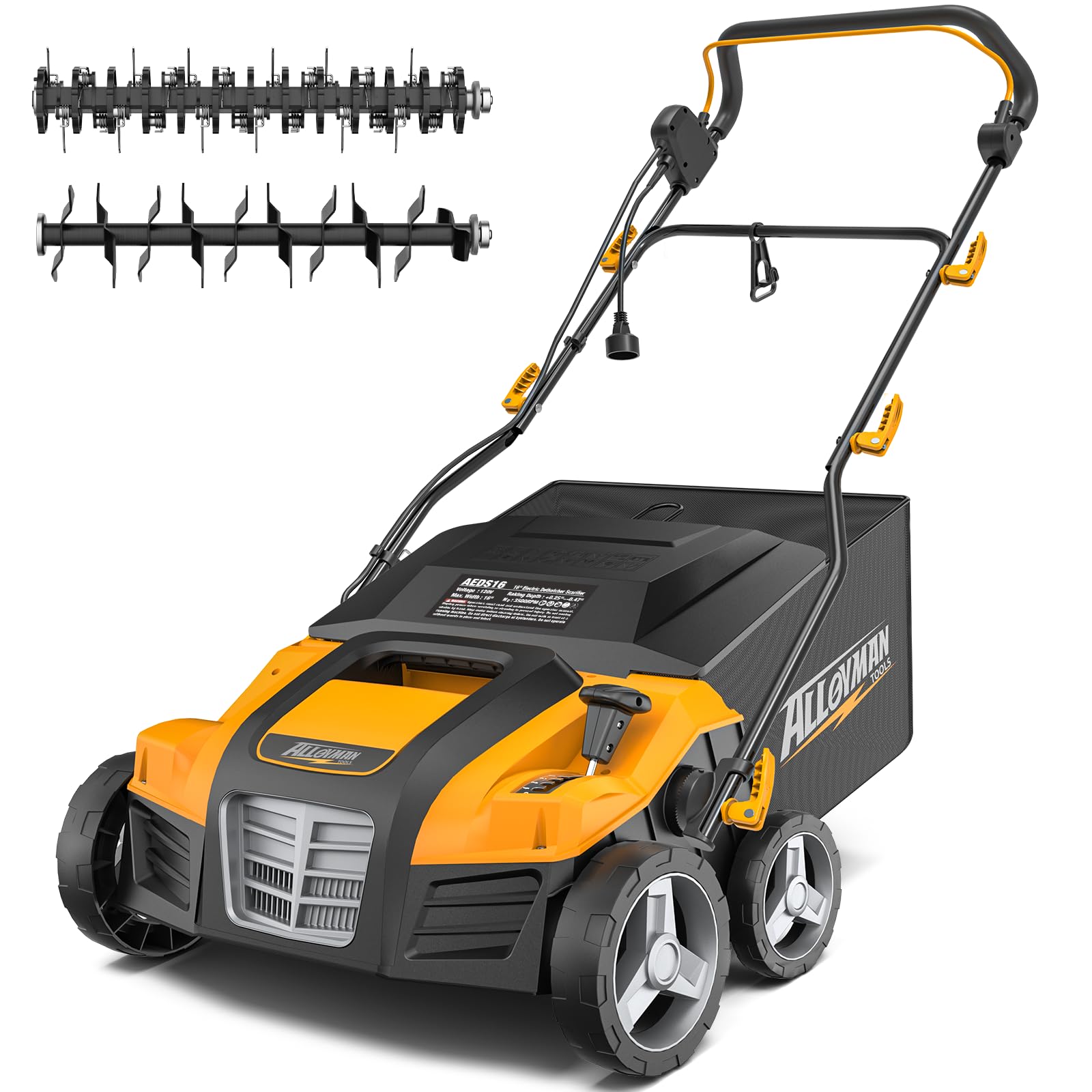 Alloyman 16-Inch 2-in-1 Electric Dethatcher and Scarifier, 15Amp Copper Motor, Electric Dethatcher and Aerator with 14.5-Gal Bag, 5-Position Adjustment, Quick-Fold, Ldeal for Iawn Care
