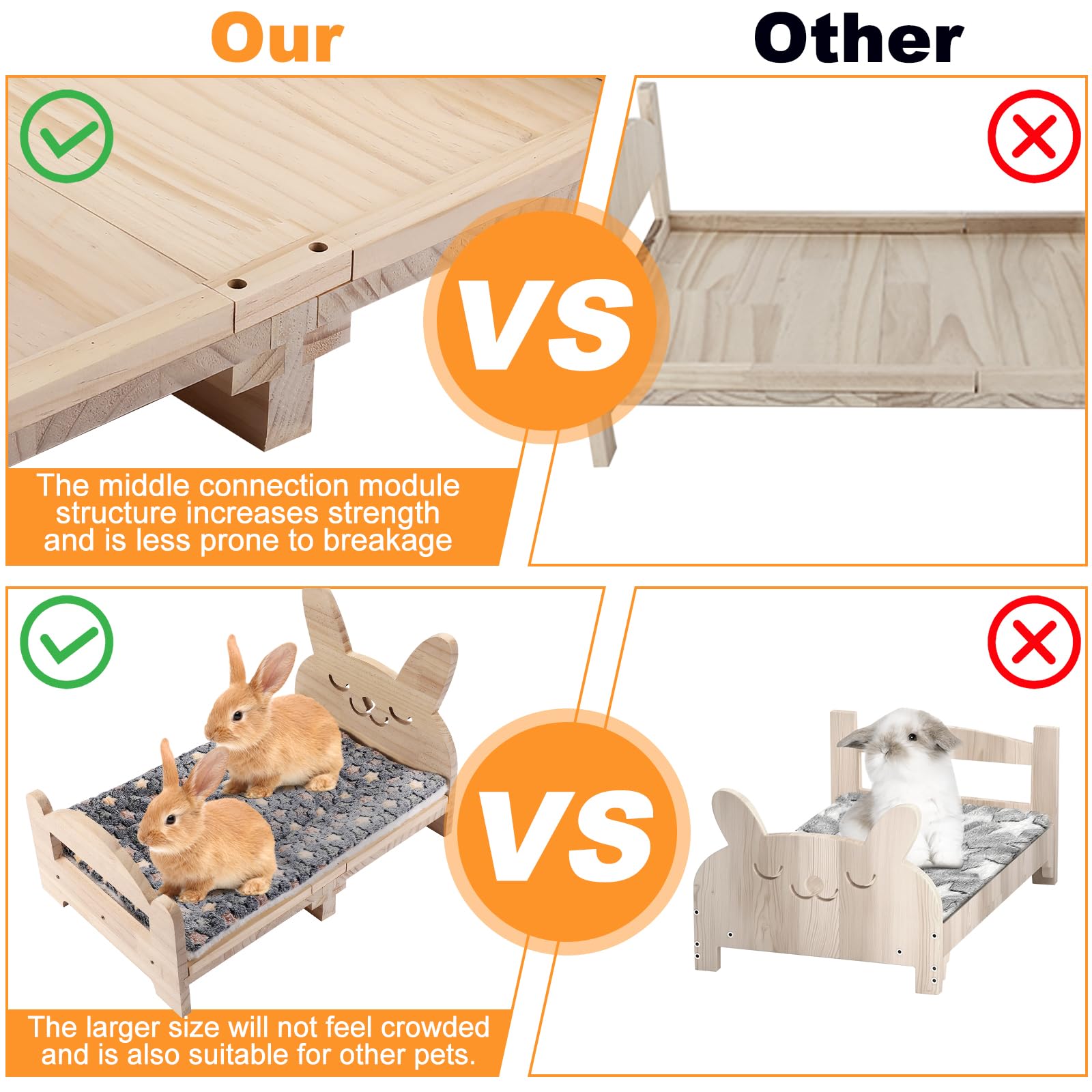 Cama grande de madera para conejos, fácil de montar, cama para mascotas de 20.4 x 12.8 pulgadas con estructura de soporte y cojín extraíble para conejos, cobayas, gatitos y animales pequeños