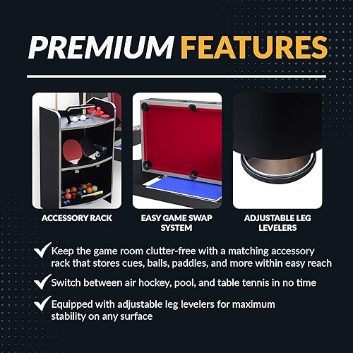Miniatura 5 de Triple Threat - Mesa de juego múltiple 3 en 1 de 6 pies con billar, hockey aéreo y tenis de mesa