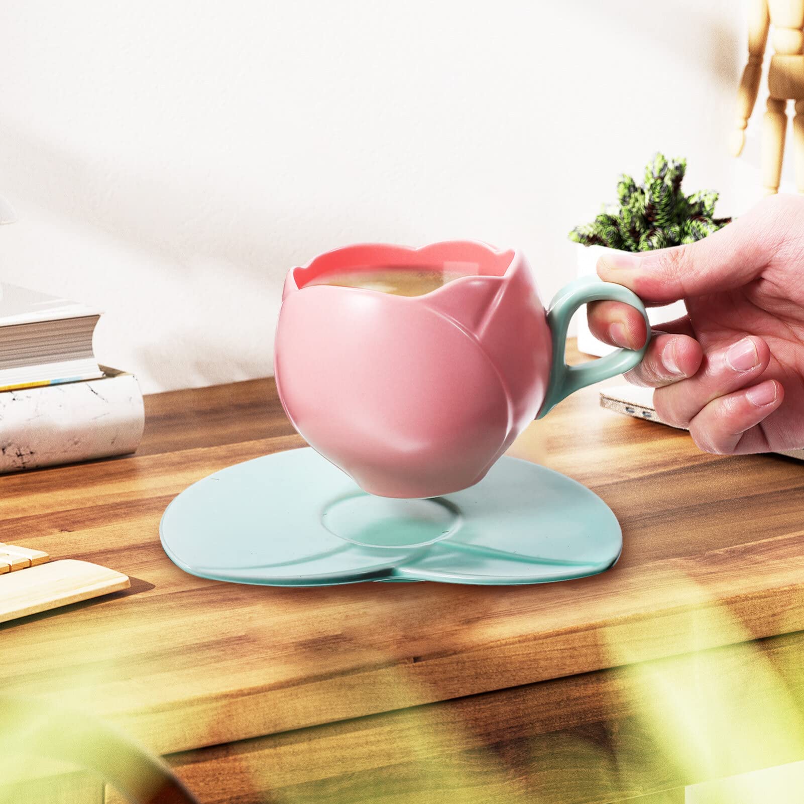 BESPORTBLE Ceramic Tulip Coffee Mug with Saucer, Tulip Tea Cup Cute Mug Set for Tea Coffee Milk for Home Office (10.14oz/ 300ml)